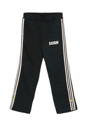 Pantaloni della tuta neri con cintura elastica, caratterizzati da strisce laterali bianche e logo "BARROW". Include un accento di smiley giallo brillante sulla gamba.