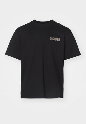 T-shirt preta de algodão com mangas curtas e gola redonda. Apresenta o logótipo "DICKIES" em branco, bordado no lado esquerdo do peito. Corte regular.