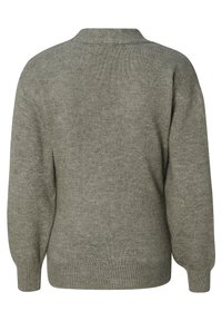 Strickpullover aus weichem, mittlerem grauem Stoff. Mit einem gerippten Saum und Bündchen sowie einem einfachen Kragen. Nahtloses Design mit lockerer Passform.