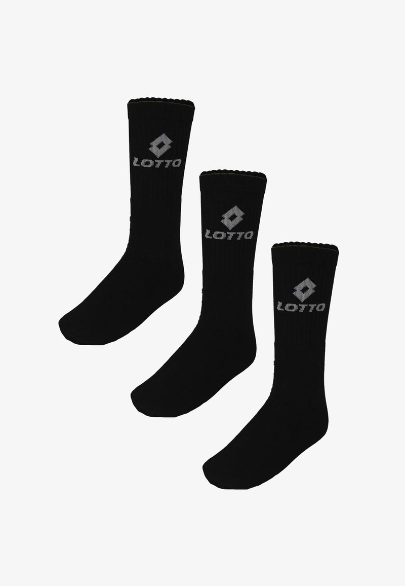 Calze nere alte fino al ginocchio realizzate in un materiale testurizzato. Presentano un logo grigio "LOTTO" nella parte superiore. Include un totale di tre paia.