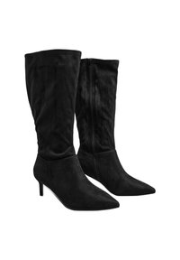 Stivali neri in camoscio al ginocchio con punta appuntita e tacco basso. Presentano una texture liscia e una cerniera laterale per una facile calzata.