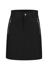 Svart minikjol med en figurnära design, framfickor med dragkedja i silver, samt en mjuk yta. Enkla, rena linjer.