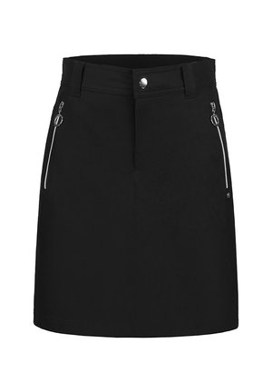 Mini-jupe noire avec un design ajusté, poches zippées avant avec quincaillerie en argent, et une texture lisse. Lignes simples et épurées.