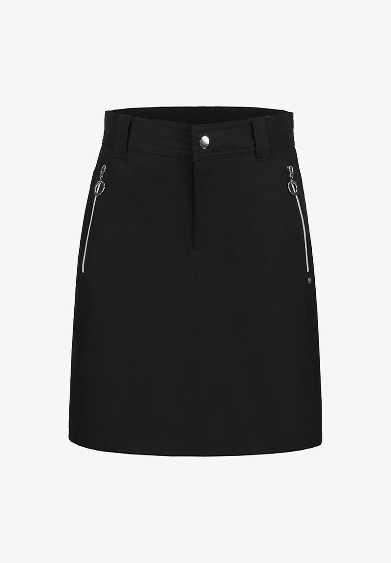 Svart minikjol med en figurnära design, framfickor med dragkedja i silver, samt en mjuk yta. Enkla, rena linjer.