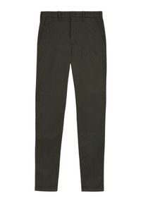 Chino slim-fit verde scuro in cotone misto. Presenta tasche frontali, zip e chiusura con un solo bottone. Texture liscia.