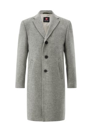 Grauer Wollmantel mit einem taillierten Design, ausgestattet mit einem Reverskragen, drei Knöpfen und zwei Seitentaschen. Glatte Textur, knieumspielend.