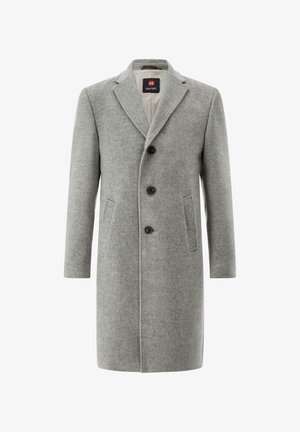 Grauer Wollmantel mit einem taillierten Design, ausgestattet mit einem Reverskragen, drei Knöpfen und zwei Seitentaschen. Glatte Textur, knieumspielend.