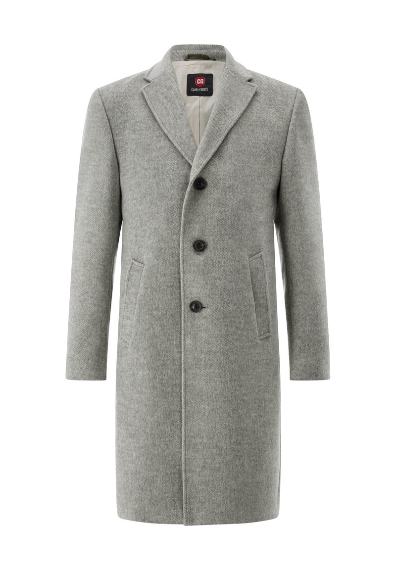 Grauer Wollmantel mit einem taillierten Design, ausgestattet mit einem Reverskragen, drei Knöpfen und zwei Seitentaschen. Glatte Textur, knieumspielend.
