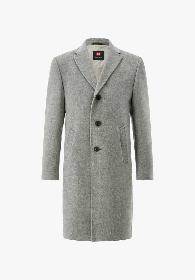 Grauer Wollmantel mit einem taillierten Design, ausgestattet mit einem Reverskragen, drei Knöpfen und zwei Seitentaschen. Glatte Textur, knieumspielend.