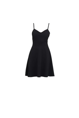 Black sleeveless dress with a fitted bodice and flared skirt. Features thin straps and a smooth texture.