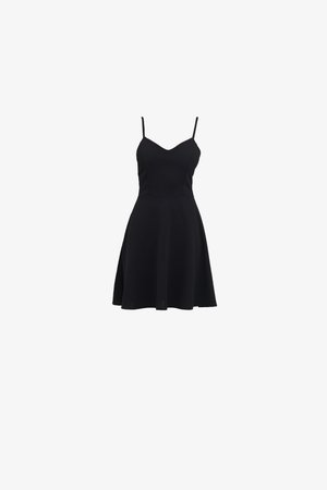 Black sleeveless dress with a fitted bodice and flared skirt. Features thin straps and a smooth texture.