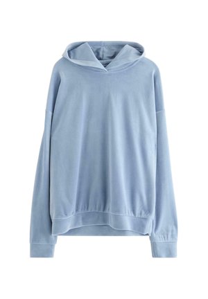 Jasnoniebieska bluza z miękkiego materiału, z kapturem, długimi rękawami i luźnym krojem. Dolna krawędź jest nieco skrócona, co nadaje nowoczesny wygląd.