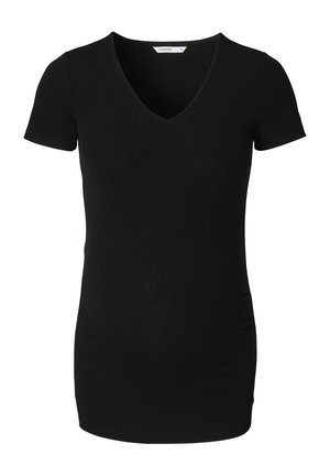 Sort ribbet kortærmet V-hals top med en tætsiddende pasform og subtil stræk. Glat tekstur, ingen mønstre eller accenter. Velegnet til forskellige lejligheder.