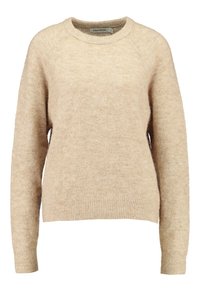 Maglione lavorato a maglia beige con maniche lunghe, scollo a giro, texture morbida e polsini e orlo a costine. Design semplice senza motivi visibili.