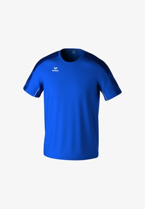 Blaues Sportshirt mit kurzen Ärmeln, dunkleren Schulterstreifen und weißem Erima-Logo auf der rechten Brust.