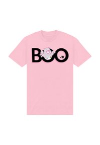 T-shirt en coton rose avec "BOO" en noir, incluant un personnage de momie en cartoon à l'intérieur de la lettre "O" et un petit détail étoile noire.