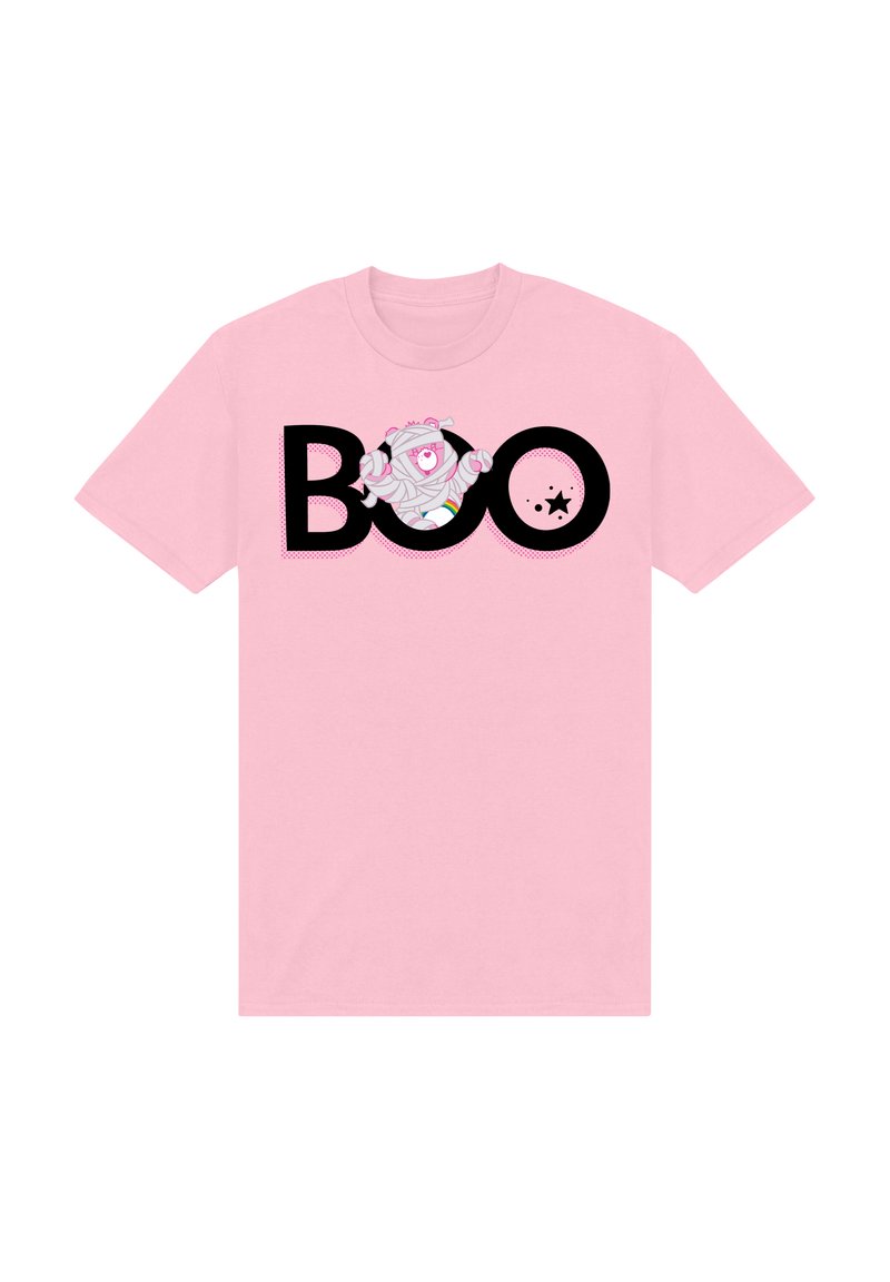 T-shirt en coton rose avec "BOO" en noir, incluant un personnage de momie en cartoon à l'intérieur de la lettre "O" et un petit détail étoile noire.