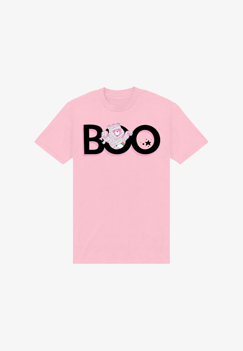 T-shirt en coton rose avec "BOO" en noir, incluant un personnage de momie en cartoon à l'intérieur de la lettre "O" et un petit détail étoile noire.
