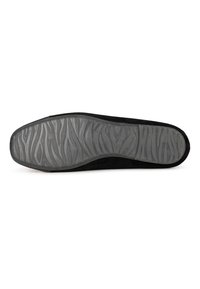 Suela de zapato de ante negro con fondo de goma texturizada que presenta patrones ondulados y rayados para mayor agarre y flexibilidad. Bordes suaves y punta redondeada.