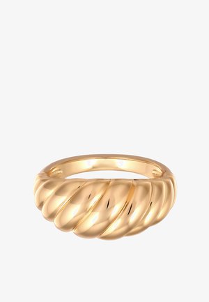 Gold-tone ring featuring a twisted band design with rounded grooves. Smooth, polished surface enhances reflective quality.