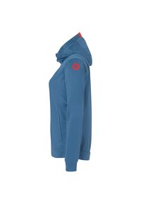 Sweat-shirt à capuche bleu avec une texture lisse, présentant un accent rouge au niveau du cou et un logo rouge sur l'épaule gauche.