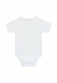 Bodysuit blanc à manches courtes en coton doux, avec un col rond, une fermeture à boutons-pression en bas, et un design simple sans motifs.