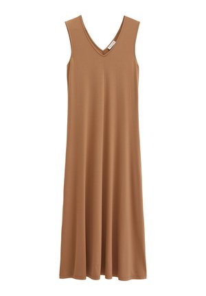 Mouwloze bruine midi-jurk met V-halslijn en losse pasvorm, gemaakt van glad, lichtgewicht stof.