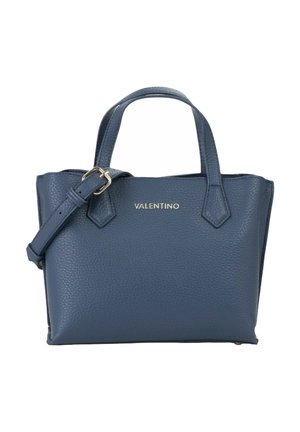 Sac à main Valentino bleu marine avec deux poignées supérieures, bandoulière réglable avec boucle dorée et finition en cuir texturé.