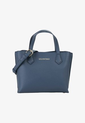 Sac à main Valentino bleu marine avec deux poignées supérieures, bandoulière réglable avec boucle dorée et finition en cuir texturé.