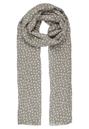 Lysegrå tørklæde med hvidt stjernemønster, vist løst viklet med to ender hængende ned.