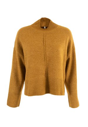 Maglione giallo senape con un col a coste alto, maniche ampie e orlo a coste. Texture morbida con un design semplice e una vestibilità rilassata.