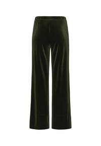Pantaloni largi din catifea, de culoare verde închis. Prezintă un brâu elastic și o textură netedă, cu un croi drept și terminatii drepte.