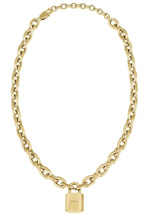 Náhrdelník zlaté barvy s oválnými články a obdélníkovým přívěskem zámku se středovým rytím "BREIL".