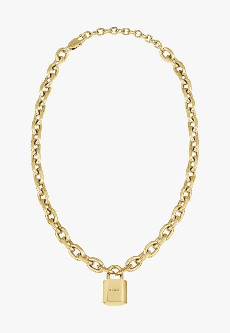 Collier chaîne ton or avec des maillons ovales, orné d'un pendentif verrou rectangulaire gravé "BREIL" au centre.