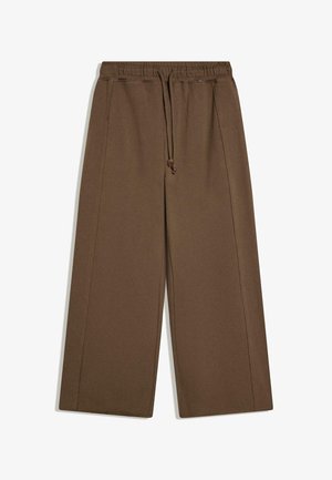 Brown wide-leg pants with elastic waistband and drawstring, featuring side seam pockets and a relaxed fit.