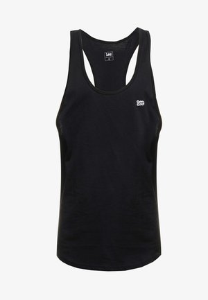 Top nero senza maniche in cotone, con design a racerback, scollo rotondo e un piccolo logo bianco "Lee" sul petto. Texture liscia.