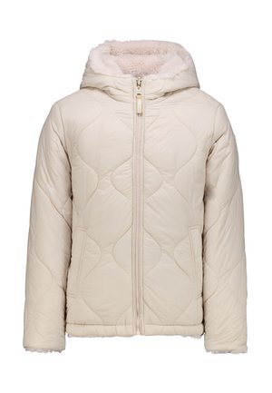 Giacca imbottita beige con cappuccio, dotata di una morbida fodera in pelliccia sintetica, chiusura con zip e tasche laterali. Esterno liscio e isolato.