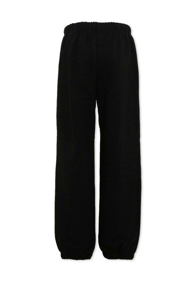 Pantalon de survêtement noir à taille élastique avec poignets froncés, coupe ample et style décontracté.