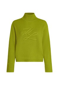Grüner gestrickter Pullover mit einem hohen Kragen, der ein strukturiertes Rippmuster und ein gesticktes Design auf der Vorderseite aufweist. Lange Ärmel und eng anliegende Bündchen.