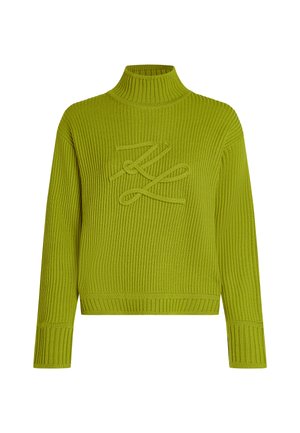 Grüner gestrickter Pullover mit einem hohen Kragen, der ein strukturiertes Rippmuster und ein gesticktes Design auf der Vorderseite aufweist. Lange Ärmel und eng anliegende Bündchen.