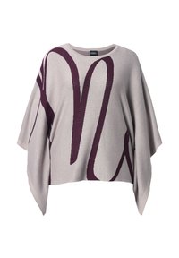 Poncho gris claro con un ajuste holgado, que presenta bold patrones abstractos en burdeos. Fabricado con una tela suave y texturizada, tiene un escote amplio.