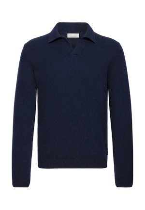 Suéter de punto de manga larga azul marino con cuello en V y cuello, puños y dobladillo acanalados.