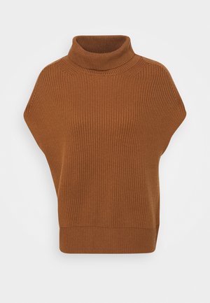 Brown ribbed turtleneck sweater with a relaxed fit, short sleeves, and a textured knit pattern. Features a wide, ribbed cuff at the bottom.