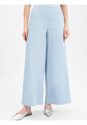 Lichtblauwe high-waist brede broek gecombineerd met zilverkleurige puntige slingback platte schoenen bij een staande persoon tegen een witte achtergrond.
