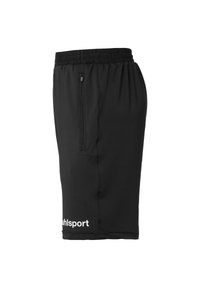 Zwarte sportshorts met een elastische tailleband, een ritszak en witte logo-details aan de linkerkant. Gemaakt van een gladde, lichte stof.