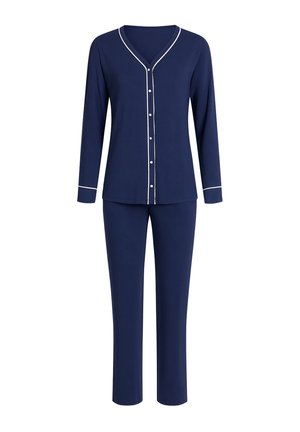 Parte superior de pijama azul marino de manga larga con botones, ribete blanca y pantalones a juego de corte recto sobre fondo blanco.