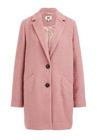 Rosa texturerad kappa med slagkrage, två framfickor och svarta knappar. Fodrad med ett mönstrat foder. Halvlång och skräddarsydd passform.