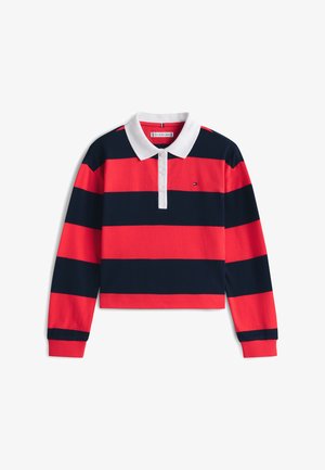 Polo de manga larga con rayas rojas y azul marino, cuello blanco, con tapeta de tres botones y logo bordado en el pecho.