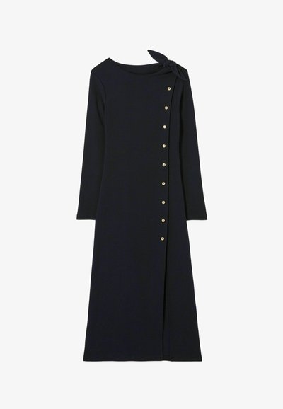 Abito navy a maniche lunghe con scollatura rotonda, dettaglio fiocco laterale e bottoni dorati lungo la parte anteriore. Tessuto liscio e silhouette aderente.