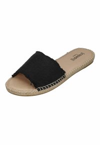 Black fabric slide sandal with an open toe, featuring frayed edges and a natural jute sole with decorative stitching along the perimeter.